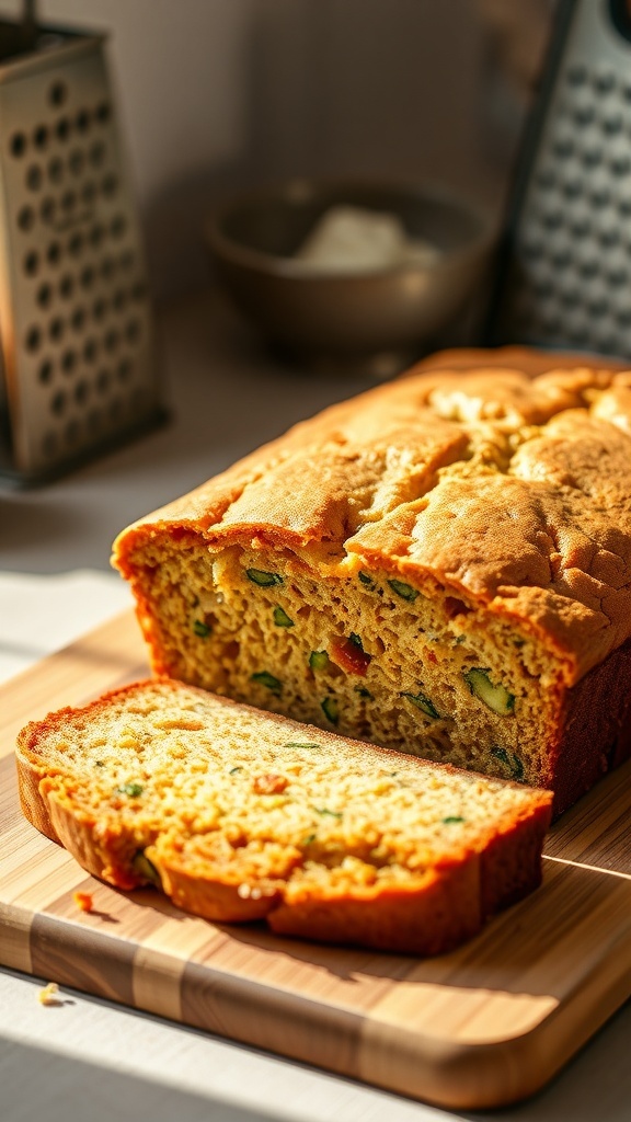Healthy Yogurt Zucchini Bread Recipe Sliced zucchini bread on a cutting board with yogurt and a grater in the background.